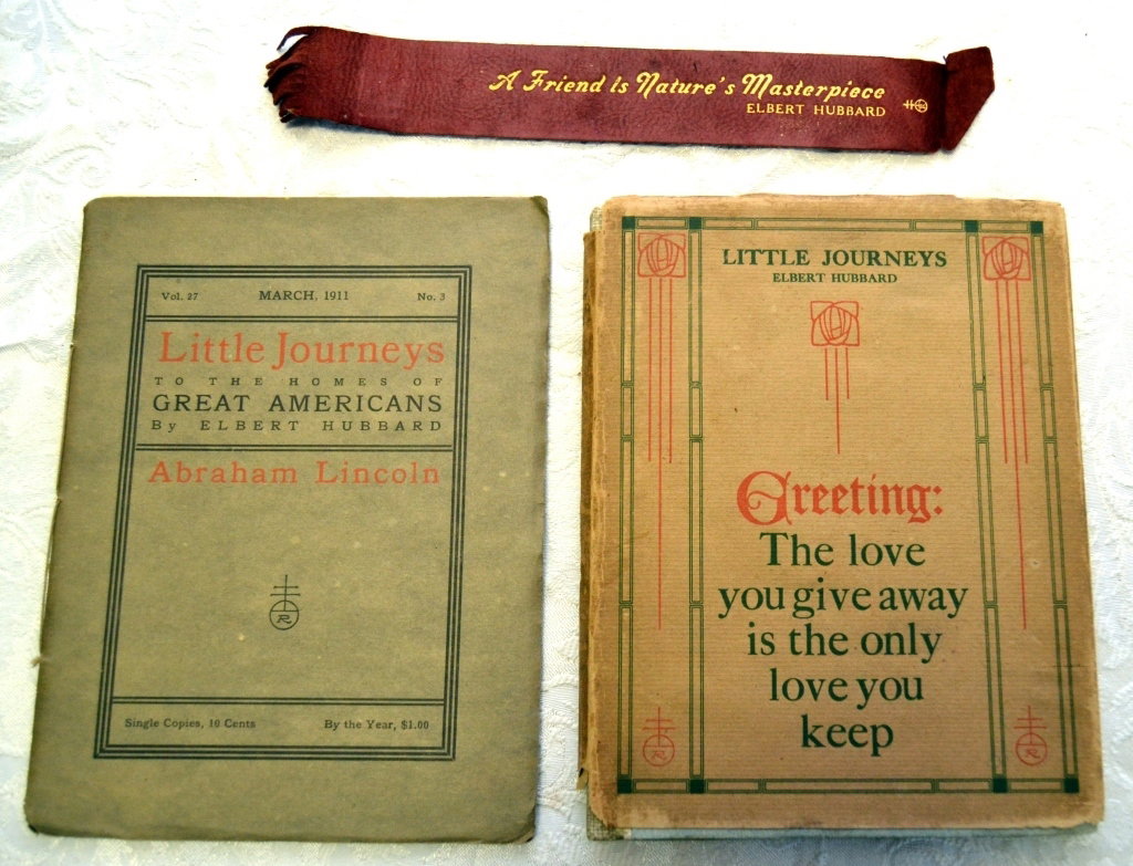 2 Little Journeys by Elbert Hubbard: To the Home of Abraham Lincoln, PB, 1911, G-VG and to the Home of Marat (Jean Paul), HB, 1903, VG, DJ w/tears, laid in Roycroft leather bookmark.