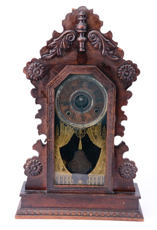 Ingraham Mantle Clock: Arched crest, reverse painting on door, Ingraham on face, marked Citizen #21 Wm. L. Gilbert Co. inside, 23.5" tall.