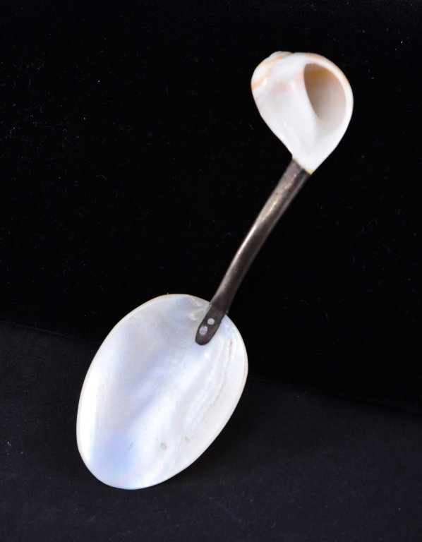 Antique Art Deco Shell Spoon: Mother of Pearl caviar spoon, 1920s-30s, 5" long.