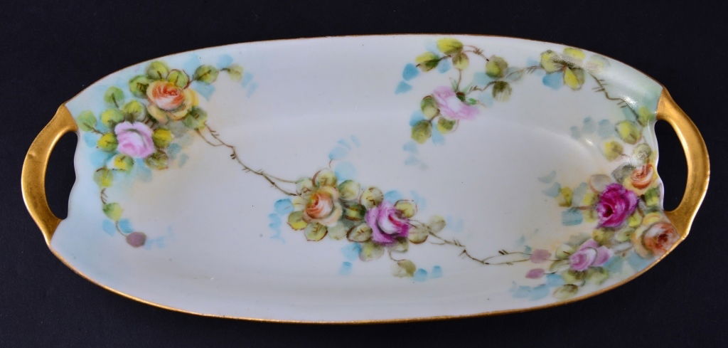 KPM Relish Dish: Made in Germany, handpainted, gold trim, 9.75" long.
