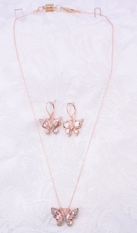 10K Morganite & Diamond Necklace & Earrings: Butterfly necklace (approx. 18" chain w/inserted magnetic clasp) and matching earrings, estate jewelry.