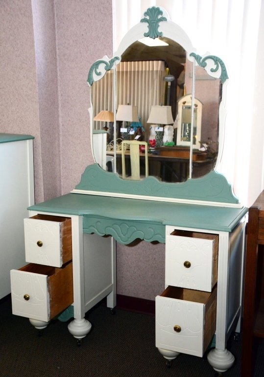 1930s Painted Vanity and Mirror: Green & cream, 34" wide x 18" deep x 71.5" total height w/mirror.