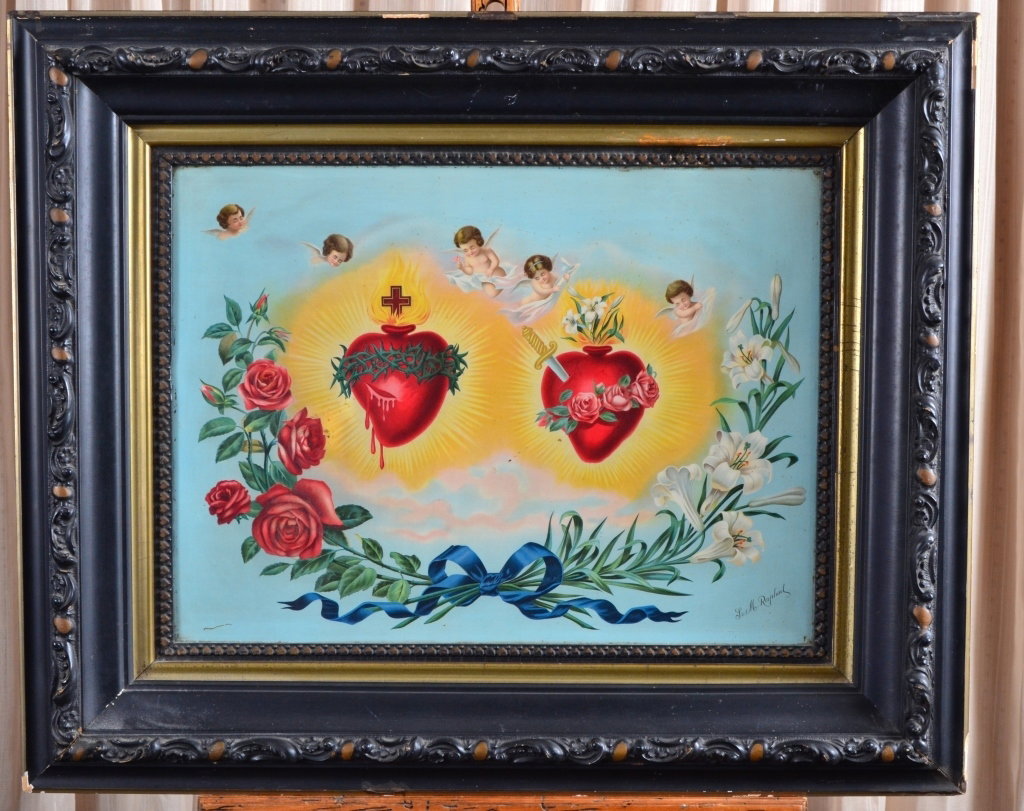 Sacred Heart on Metal by Sr. M. Raphael: Signed Religious Artwork on Metal, sight 17" x 23" wide, framed 27.5" x 33.5" wide.