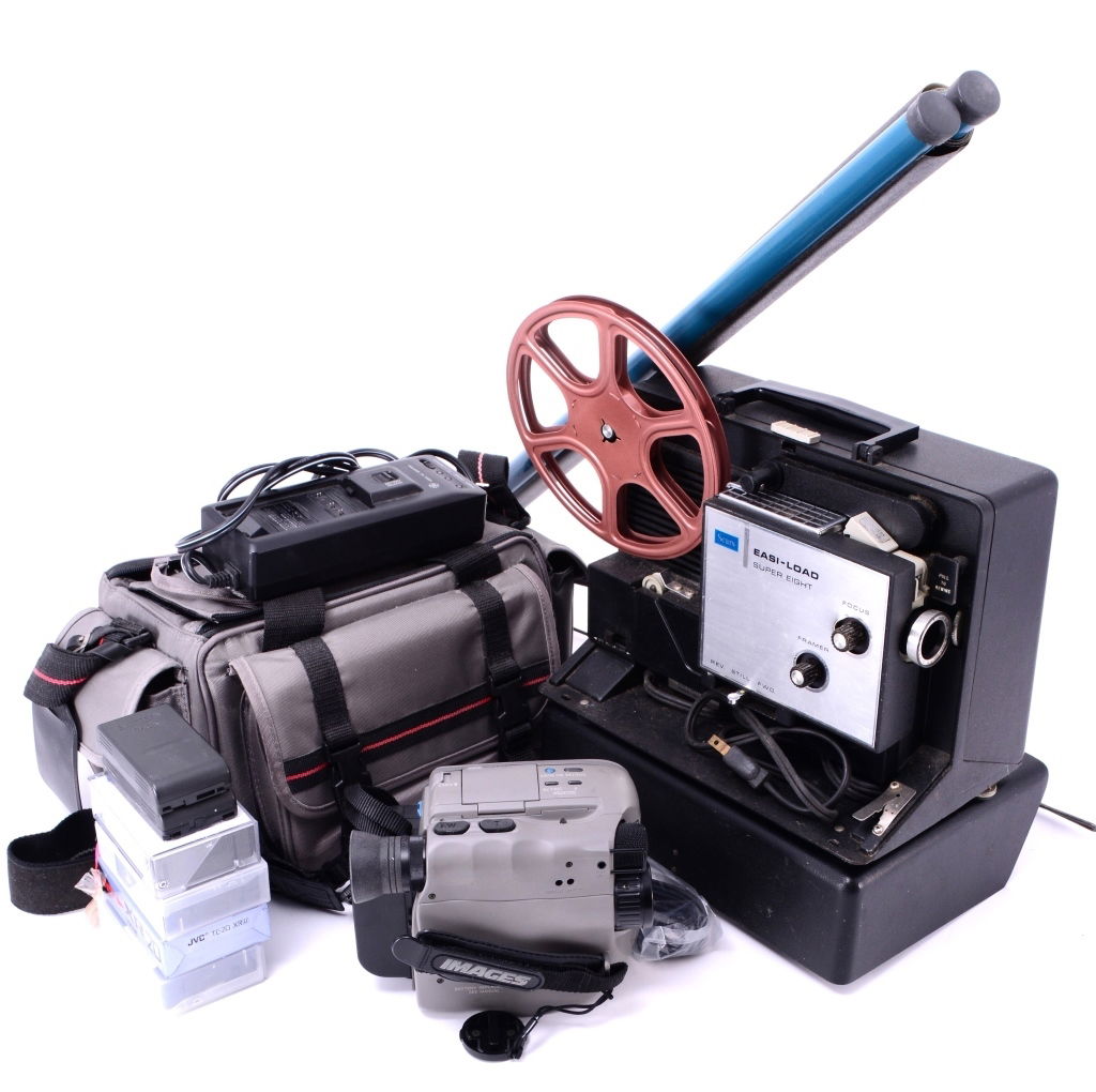 Camcorder, Projector & Screen: GE Image Camcorder Kit Model CG690, Sears Easi-Load Super Eight mm Projector and projector screen.