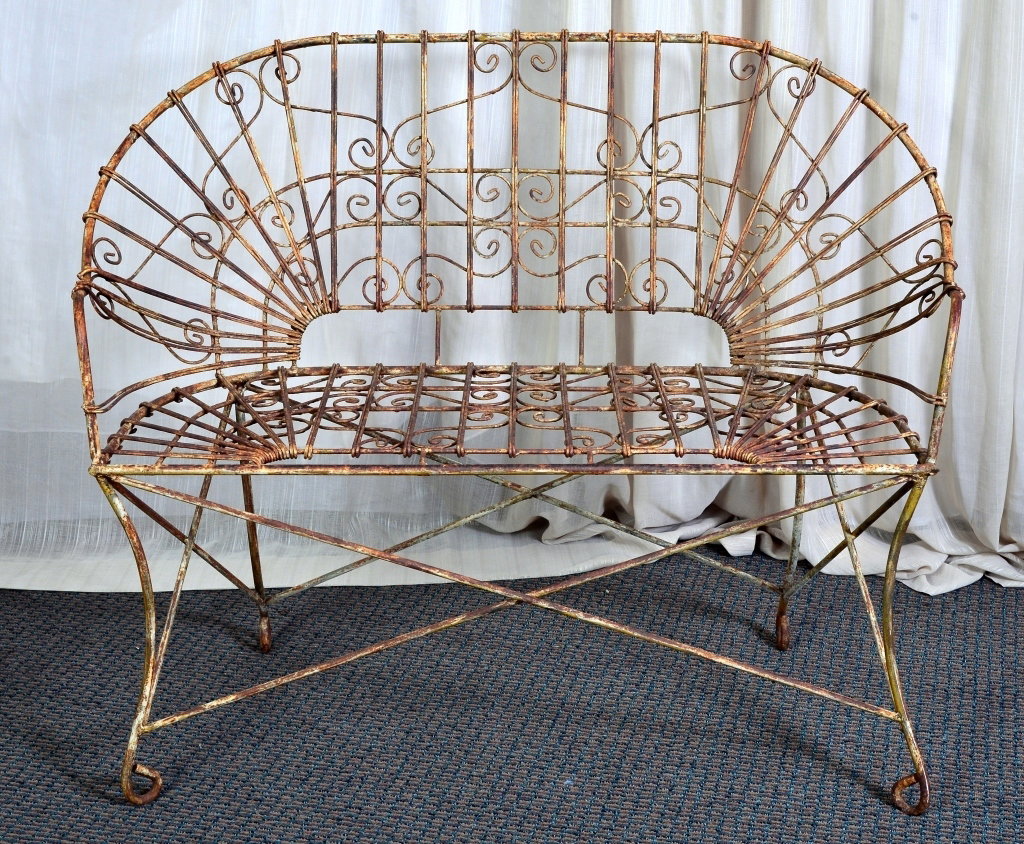 Vintage Scrolling Metal Settee: 45" wide x 36" center back height, rusted.