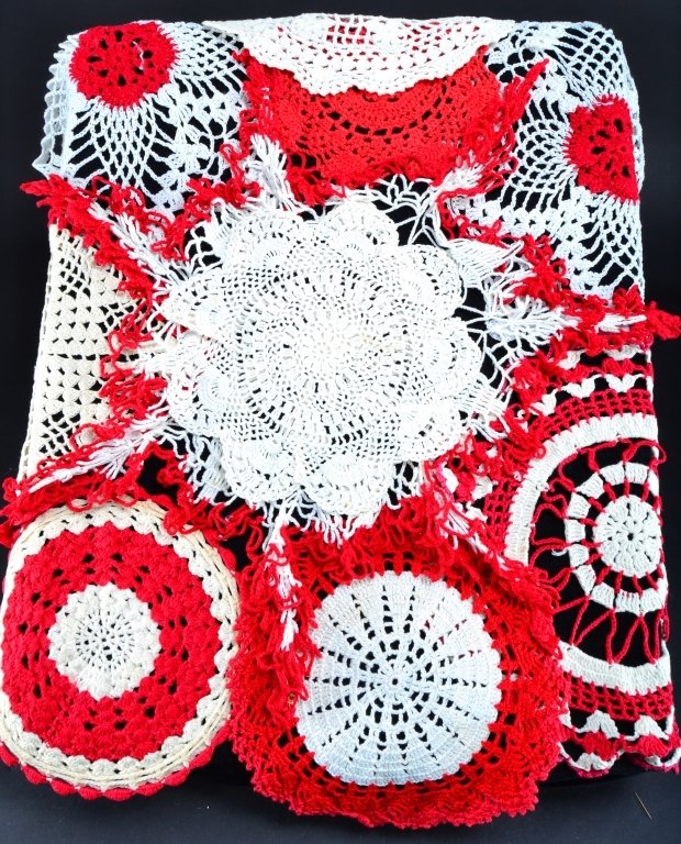 10 White and Red Vintage Doilies: Varying sizes, largest 15" wide.