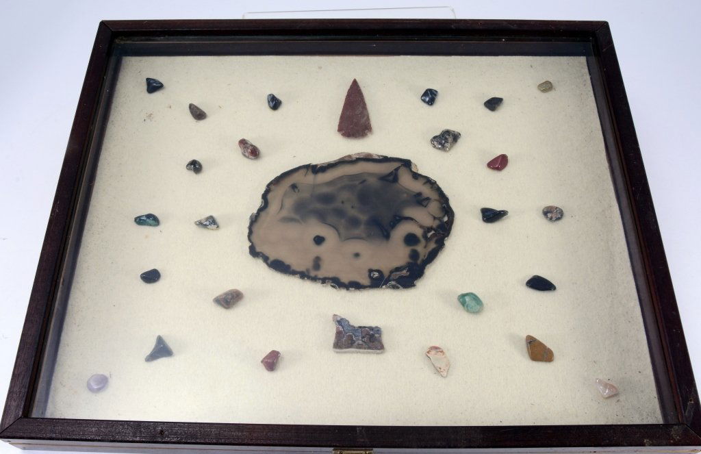 Geode, Arrowhead & Mineral Specimens in Wood Box (1 of 4)