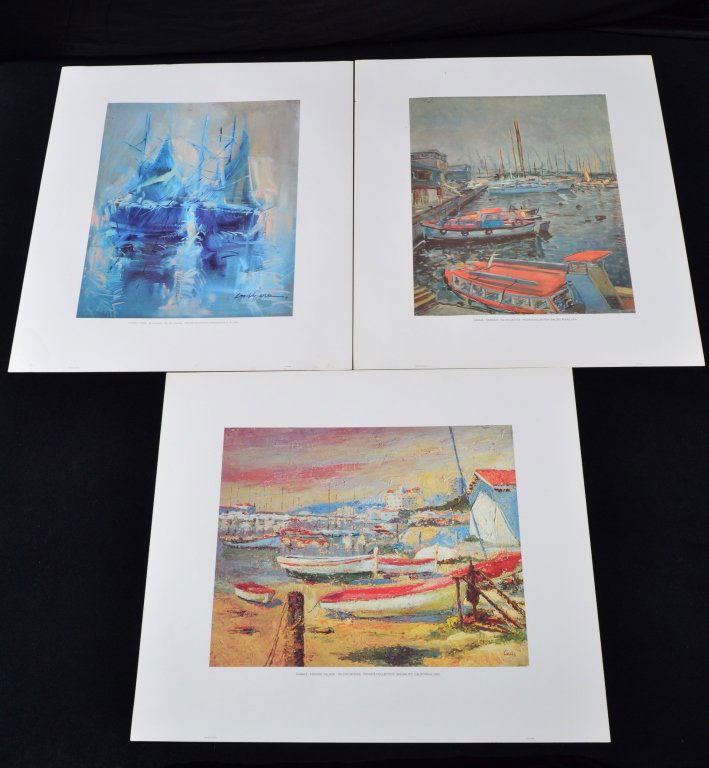 3 Spanish Lithograph Reproductions from Originals: 2 prints by Casals: Harbour and Fishing Village together w/Candela Perez's Blue Sails, printed in Spain on museum quality paper, sticker on back indicates number & series w/D.L.B. lower front right po