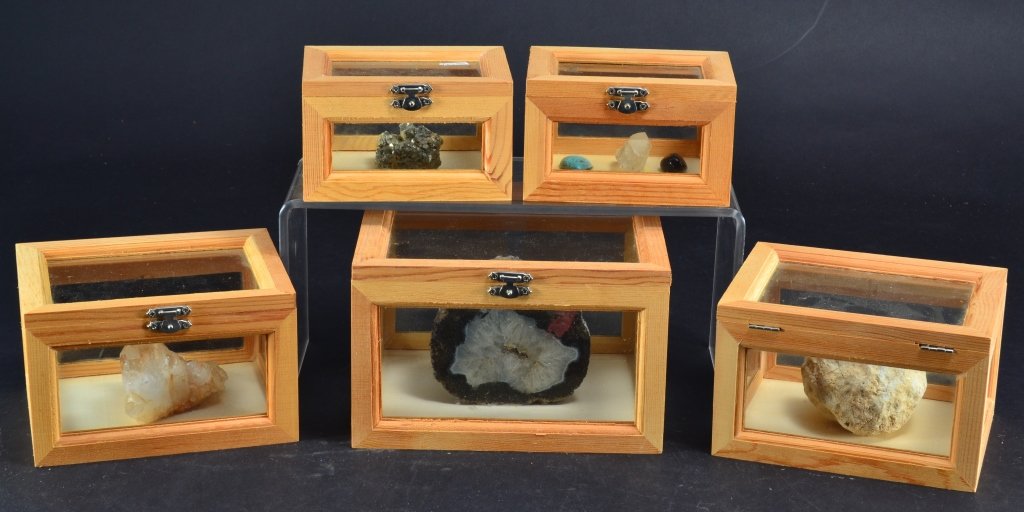 Geodes, Fool's Gold, Crystal, Turquoise and More: Largest geode approx. 4" tall, in wooden display boxes.