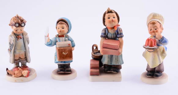 Four Vocational Hummels: The Builder (305, TMK 4, 5 1/2" tall), Baker (128, TMK 6, 5" tall), Doctor (127, TMK 6, 5" tall) and Postman (119 2/0, TMK 7, 4.5" tall).