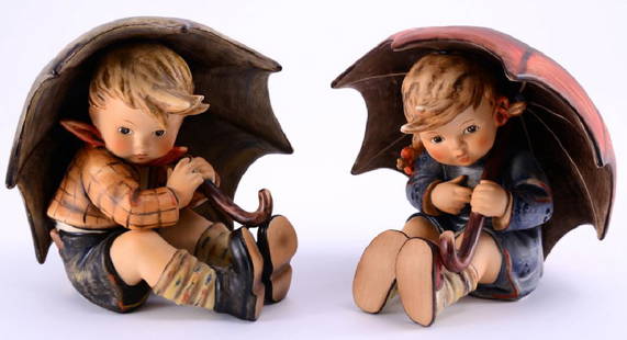 Hummel Umbrella Boy and Girl: Umbrella Boy ( 152/ A, TMK 6, 5" tall) and Umbrella Girl 5" (152/ B, TMK 6, 5" tall).