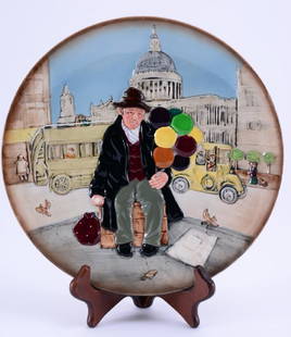 Royal Doulton The Balloon Man Plate D 6655: Designer Leslie Harradine, modeller William K. Harper, w/stand, 10.25" diameter.