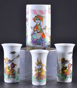 Four Rosenthal Commedia Dell' Arte Signed Vases: Bjorn Wiinblad artist, porcelain, German, 3.5" to 4.75" tall.