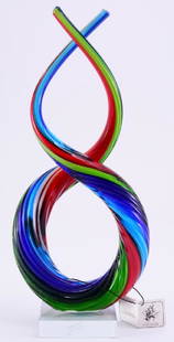 Handmade Murano Multi Color Art Glass: Mounted on clear glass block, base tagged, original Murano Glassware hanging fold tag,12.75" tall.