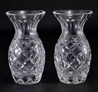 Pair Waterford Signed Diamond Cut Crystal Vases: Heavy crystal w/flared neck, 7" tall.
