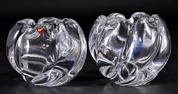 Pair Orrefors Crystal Signed Rose Bowls: Heavy crystal w/swirl design, paper label on one, etched signature on base of both, Sweden, 4.25" tall.
