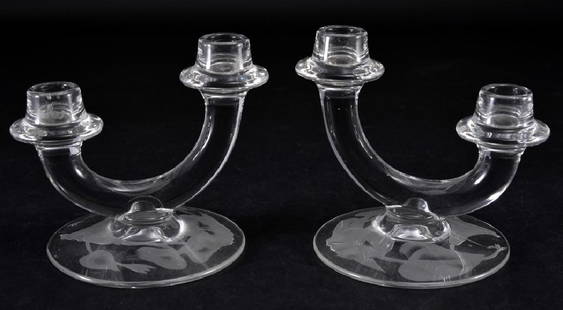 Pair 2-Arm Glass Candleholders: Large disk foot w/etched floral design, tallest arm 5" tall.