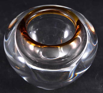 Heavy Crystal Rose Bowl Made in Poland: Shaded to amber at neck, Made in Poland label, 4" tall.