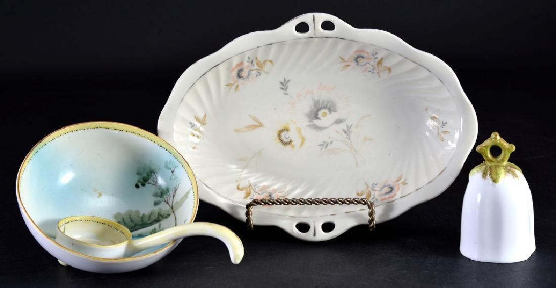 Nippon Mayonnaise, Coalport Bell & Bavarian Dish: Handpainted Nippon mayonnaise w/ladle and ball feet, English bone china bell and Bareuther pierced edge oval dish (8.5" long).