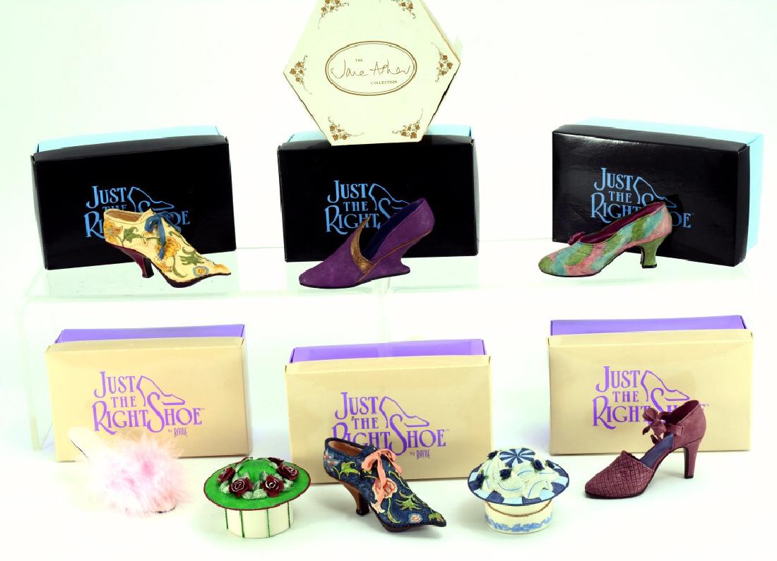 Just the Right Shoe Collection & English Hat Boxes: Miniatures Including shoes w/original: Brocade Court, Rose Court, Versailles, Blush, Italian Racer & Va-Va Voom together w/2 English Jane Asher Willow Hall hats, one with original box.