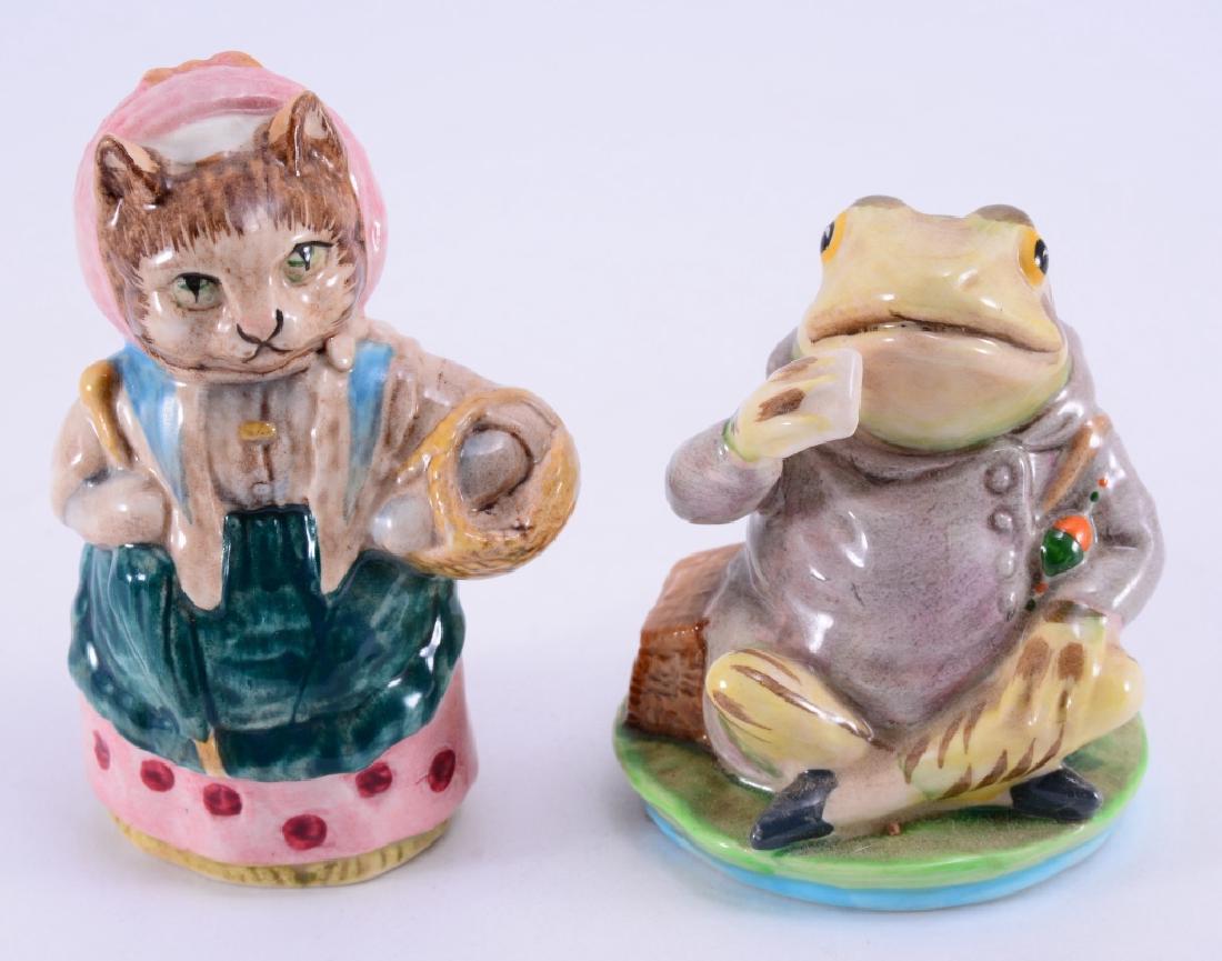 Beatrix Potter Cousin Ribby & Jeremy Fisher: Cousin Ribby (1970, 3.5" tall) and Jeremy Fisher (1950, 3" tall), England.