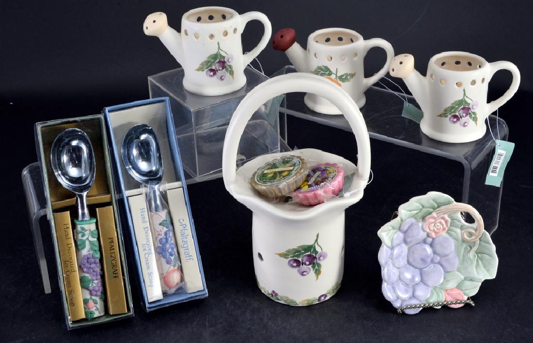 Pfaltzgraff Candles, Utensils and Pin Dish: Three watering cans 3.25" tall, basket tea light 9.5" tall, 2 boxed hand decorated ice cream scoops and grape and flower pin dish 4.75" long.