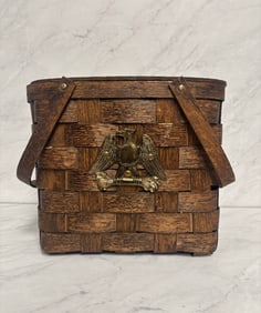 Woven Wood Picnic Basket with Metal American Eagle, Lidded Top, and Double Wooden Handles