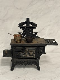 Salesman Sample Crescent Cast Iron Stove with Pot and Pan Accessories