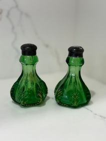 Pair of Emerald and Gold Fostoria Priscilla Salt and Pepper Shakers
