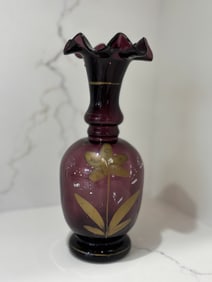 Enchanting Vintage Aubergine Hand-Painted Art Glass Vase