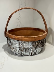 Heavily Textured Handmade Birch Bark basket with Bentwood Handle