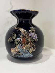 Vintage Golden Pheasant and Peony Deep Blue Japanese Porcelain Vase