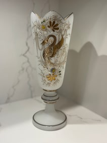 Antique Bristol Opaline Glass Pedestal Vase with Striking Hand-Painted Dragon and Gold Details