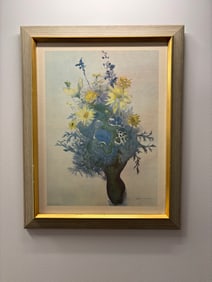 Framed Print of Ian Woodner's Original Watercolor "Daisies, Stock, Delphinium & Larkspur"