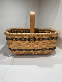 Vintage New England Splint Weave Gathering/ Market Basket with Bent Wood Handle and Unique Details