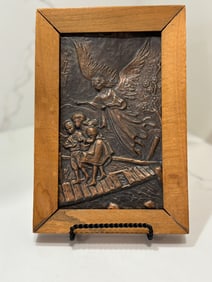 Polish Midcentury Framed Copper Relief Art Depicting a Guardian Angel Protecting Children on a