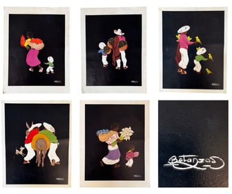 Collection of Five Vintage Lithographs of Luis Betanzo's Striking Mexican Folk Art Depictions of
