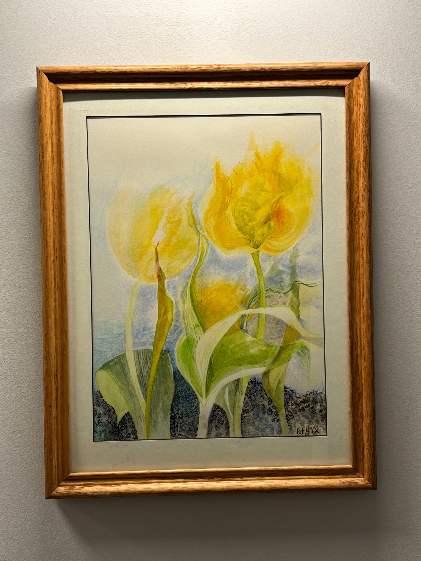 Lively Yellow Tulip Watercolor Pencil Artwork: This cheerful piece is part watercolor painting, part colored pencil drawing thanks to the unique properties of water soluble colored pencils. This piece by artist Pat Hix features yellow tulips that