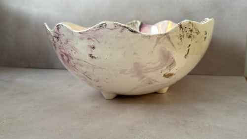 Mid Century Pink and Gold Marablized Freeform Pottery Bowl