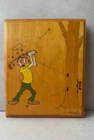 Humorous Vintage Mid Century Hand Painted Teed Off Golfer on Wooden Plaque