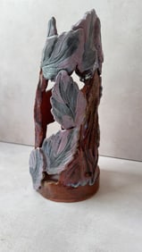 Unique Studio Pottery Sculpture featuring a Leaf Motif and Iridescent Glaze
