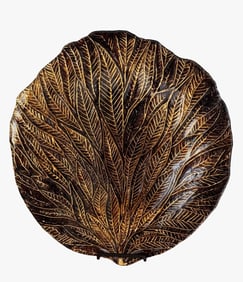 Exquisite Art Glass Leaf Plate with Reverse Painted Gold Tones