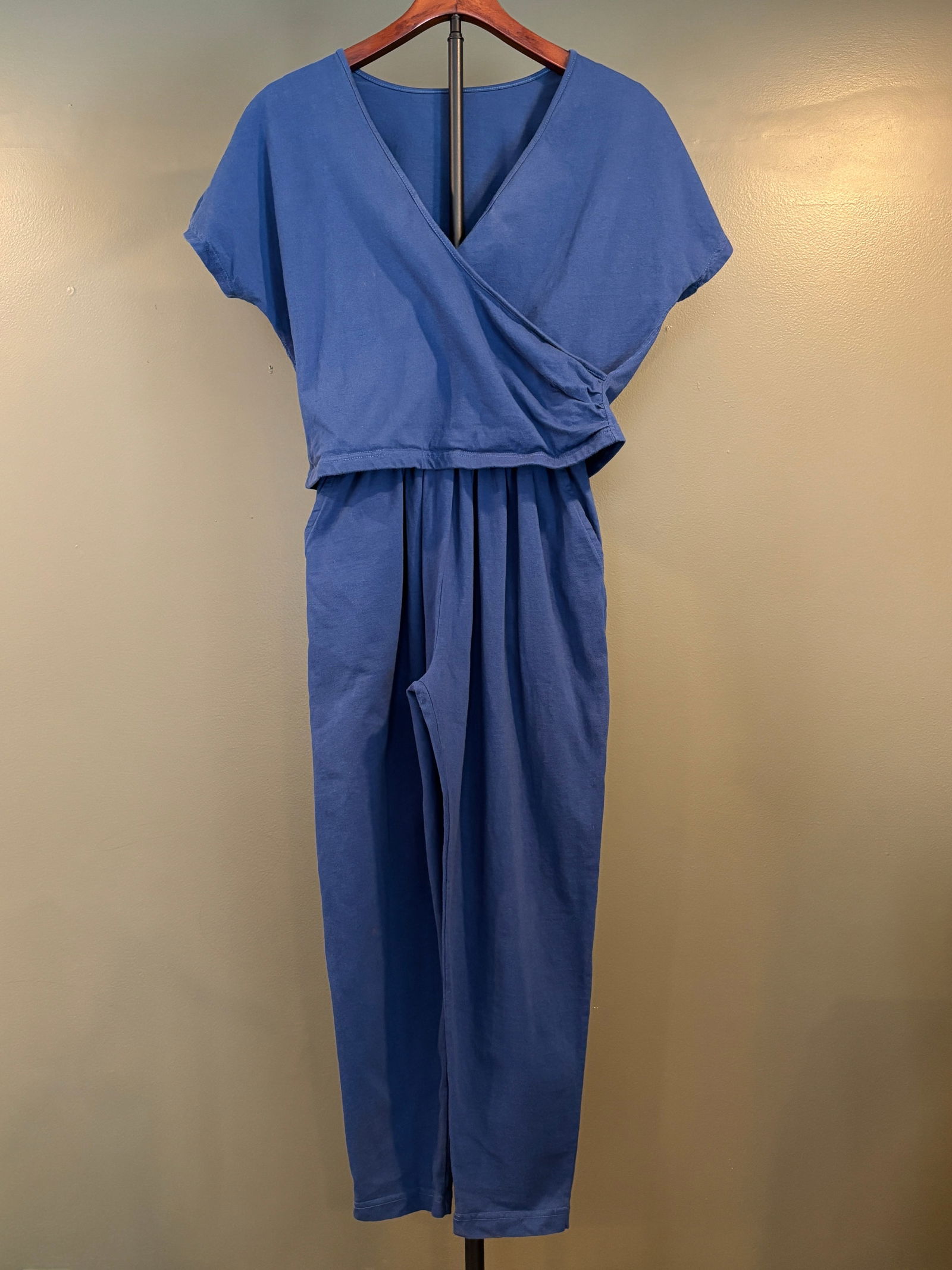Michel Sport Two-Piece Blue Cotton High-Waisted Pants and Crop Top Set, Size S: Two-piece women's outfit by Michel Sport, featuring high-waisted pants paired with a coordinating cropped top in a soft blue cotton knit. Fabric label indicates 100% cotton; made in Hong Kong. The cro