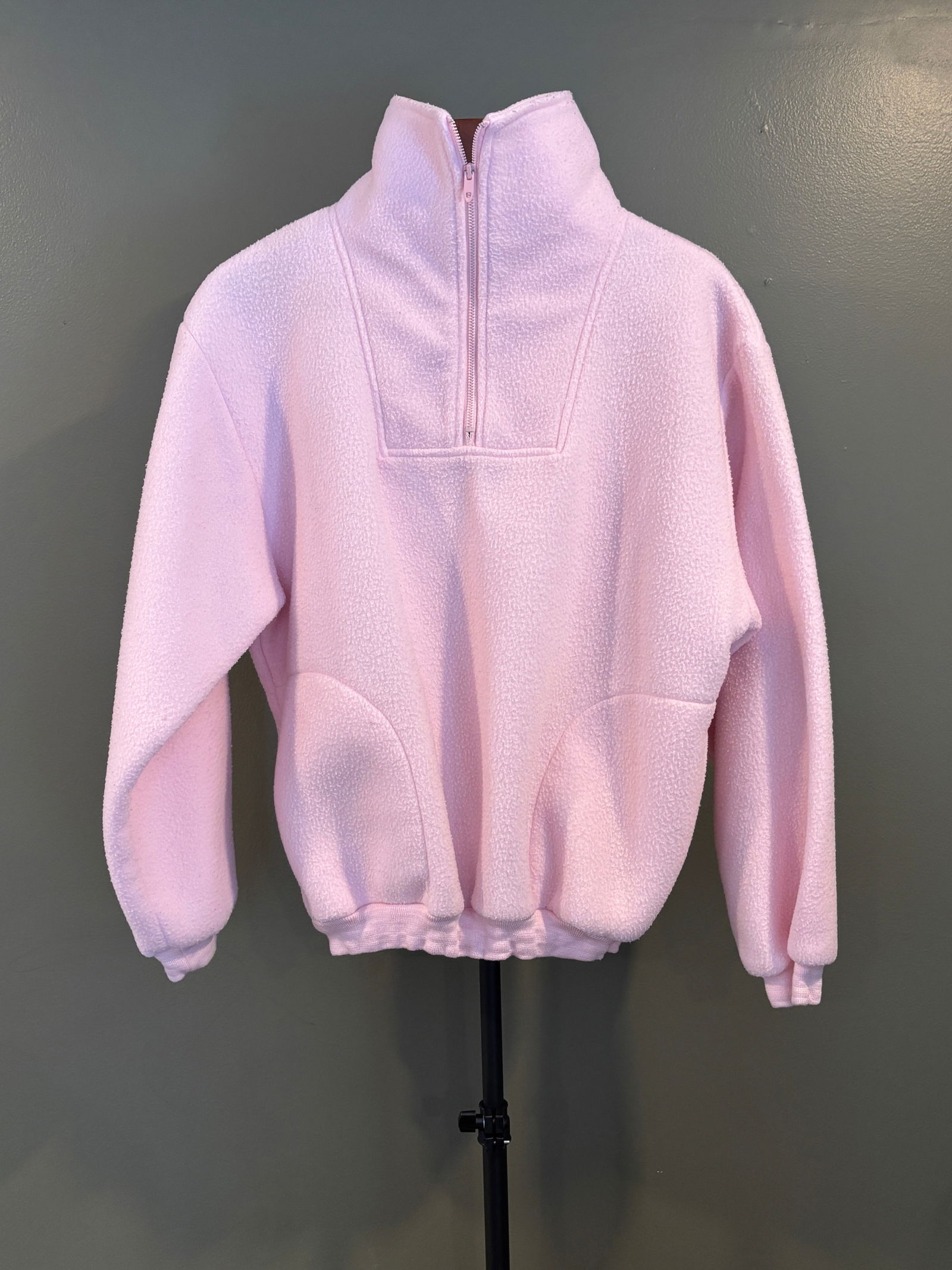 Vintage Polartec Quarter-Zip Fleece Pullover, Made in USA, Soft Pink (Size M): Vintage Polartec fleece quarter-zip pullover in a soft blush pink colorway. Made in the USA and labeled size Medium, this cozy piece features a high stand collar with zipper closure, elasticized cuffs