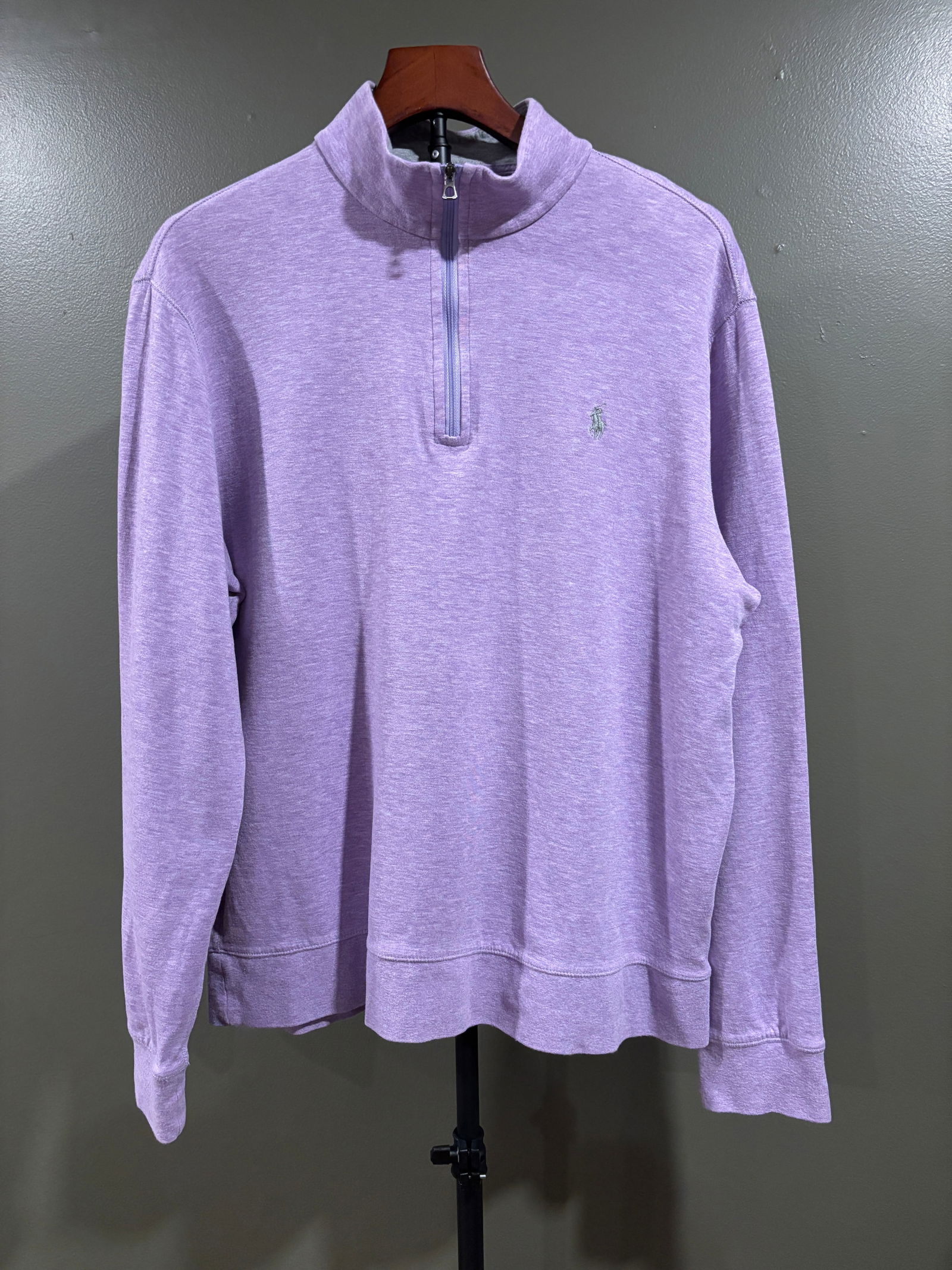 Polo Ralph Lauren Lavender Quarter Zip Pullover Men's Large: Men's Polo Ralph Lauren quarter zip pullover in a heathered lavender bottom blend. Features a mock neckline, embroidered pony logo, ribbed cuffs and hem, and branded zipper pull. Size Large. B: 26.5"