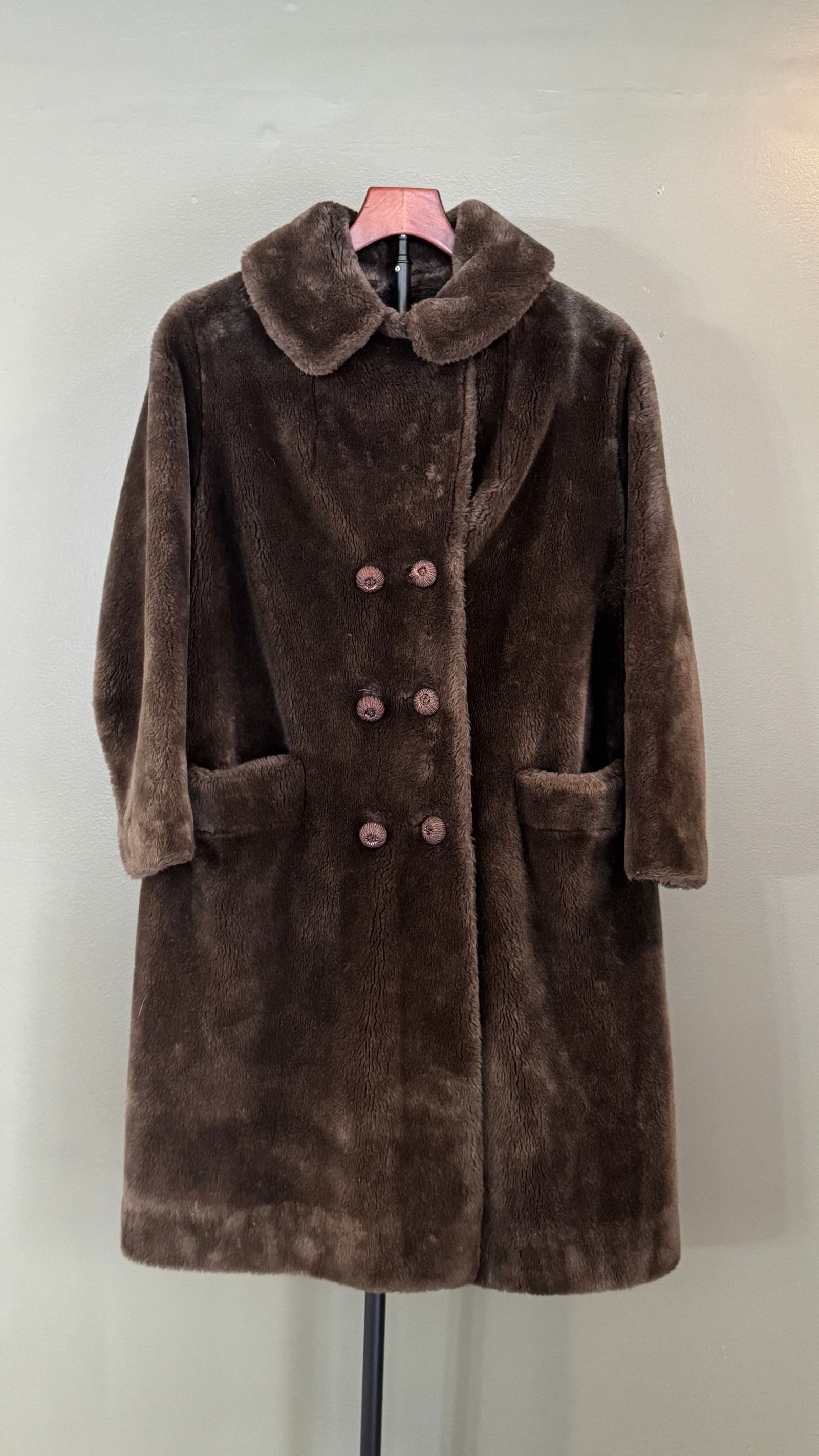 Vintage Borgana Fur-Look Coat, Styled by Russell Taylor: Luxurious mid-century women's coat crafted in rich brown Borgana fabric, styled by Russell Taylor. Features a soft plush finish, rounded collar, double-breasted front with decorative fabric-covered bu