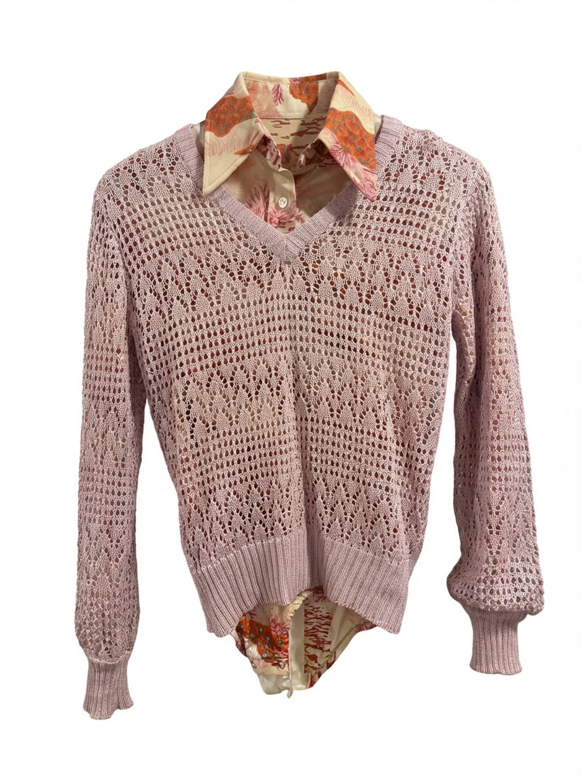 1970s Disco-Era Scenic Print Bodysuit Blouse with Hand-Loomed Acrylic Knit Sweater: Vintage women's 1970s snap-crotch bodysuit blouse featuring a striking scenic novelty print in peach, coral, rust, and teal tones, paired with a coordinating hand-loomed open-knit sweater. The blouse