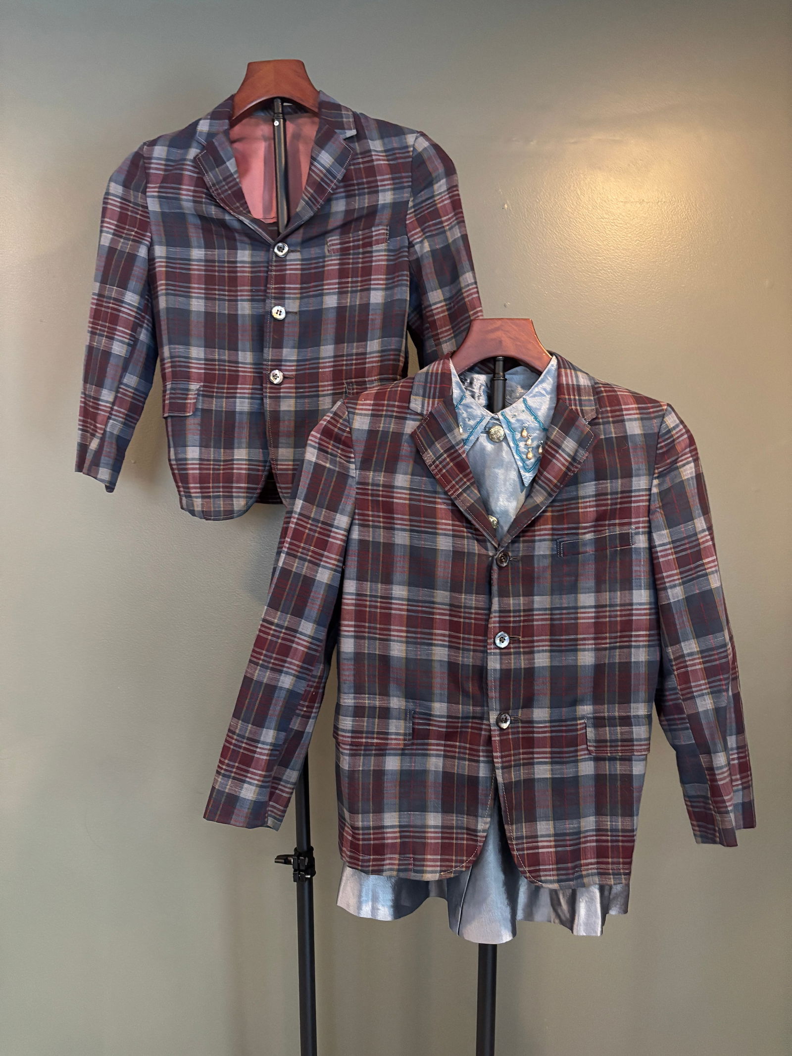 Vintage Youth Plaid Blazers with Blue Shantung Silk Blouse, Mid-20th Century: Coordinated grouping of vintage youth garments, mid-20th century, consisting of a pair of matching plaid children's blazers by Chips "“ Off the Old Block and a blue shantung silk youth blouse. T