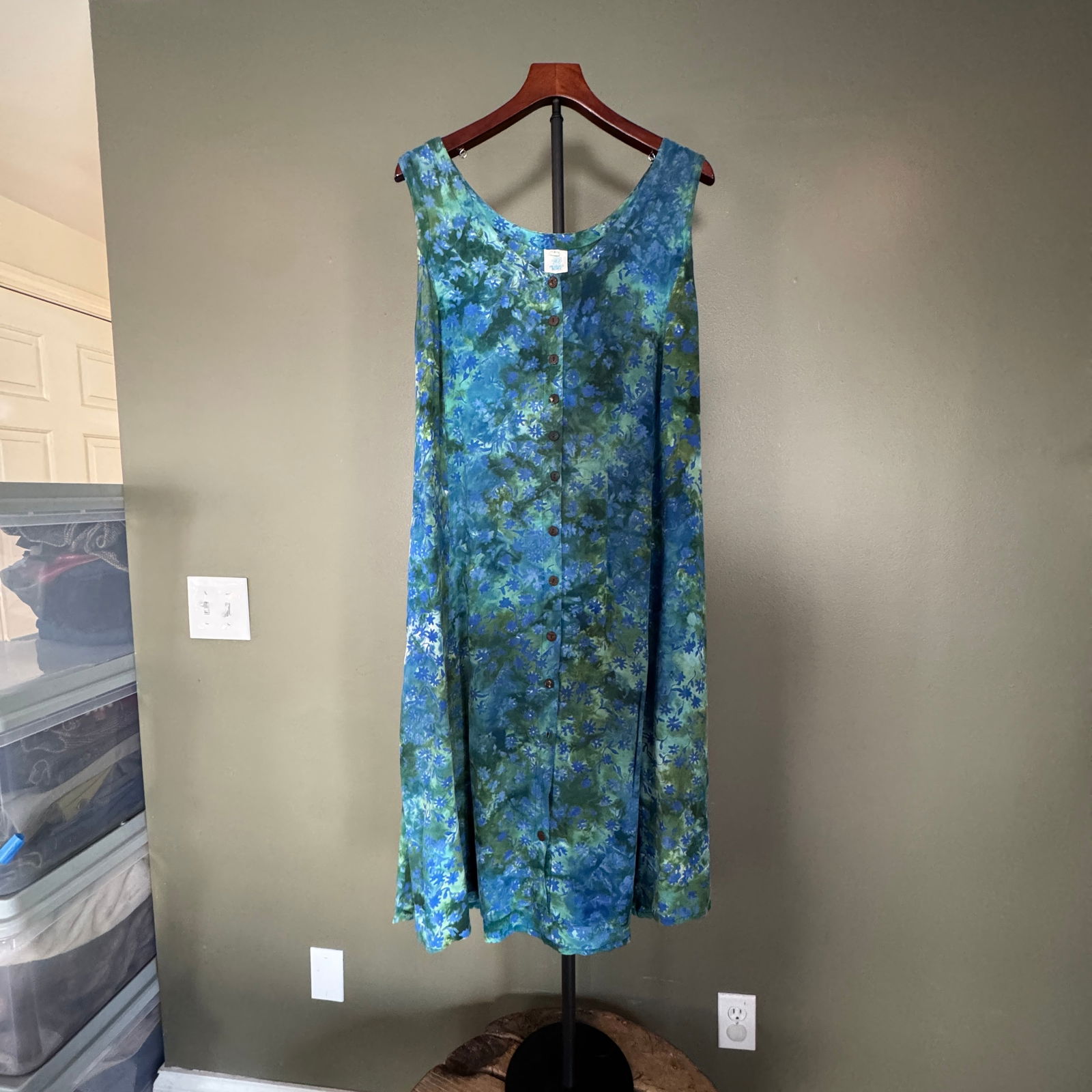 Mexicali Blues Blue & Green Floral Rayon Dress, Size L (1 of 6)