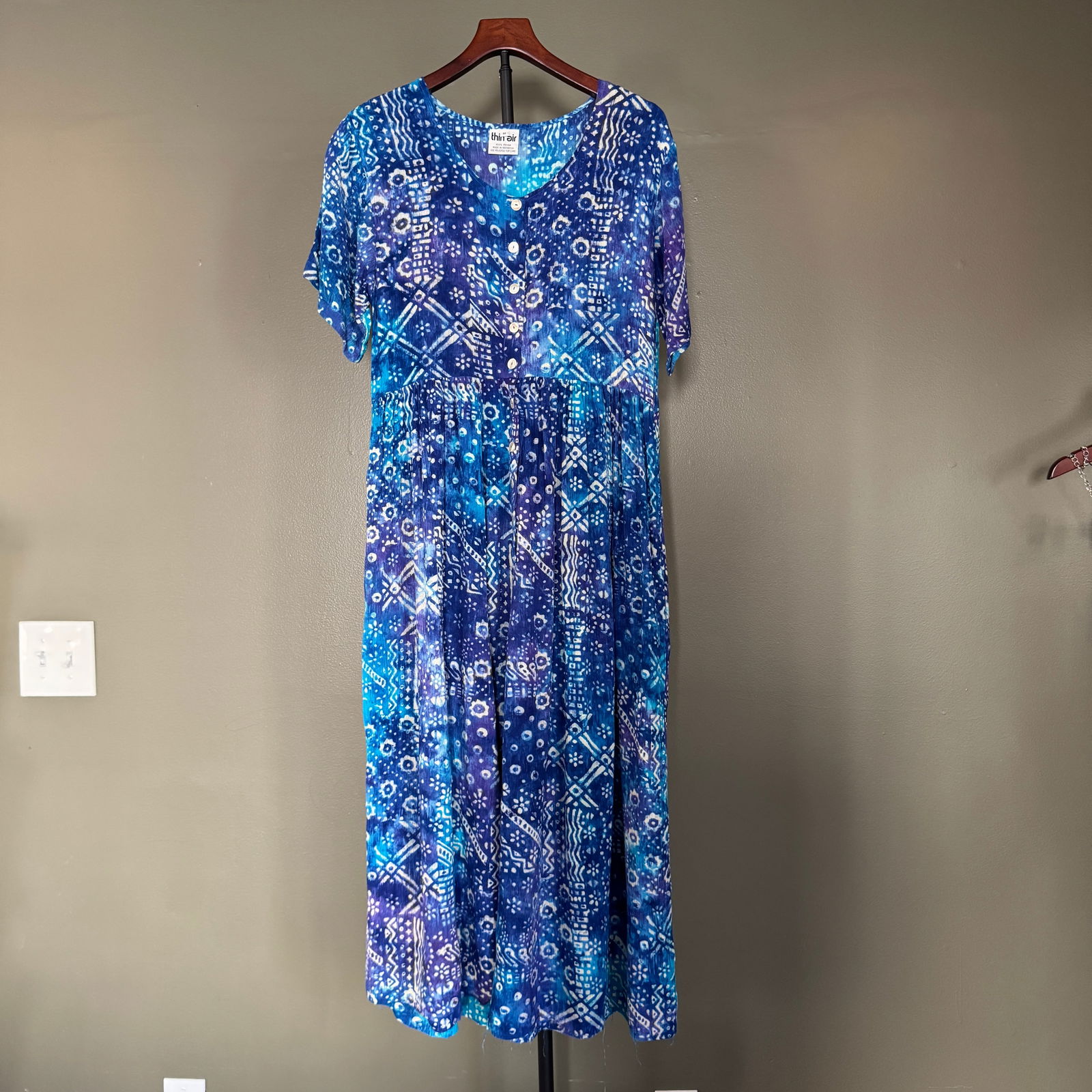 Thin Air Blue Batik-Style Rayon Jumpsuit, Size M (1 of 3)
